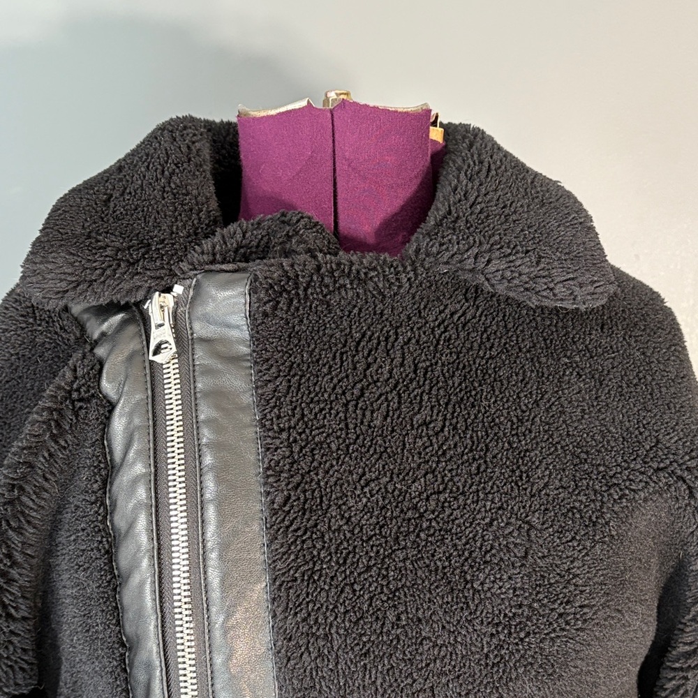 Zara Black Teddy Jacket with Faux Leather Accents - Picture 3 of 15